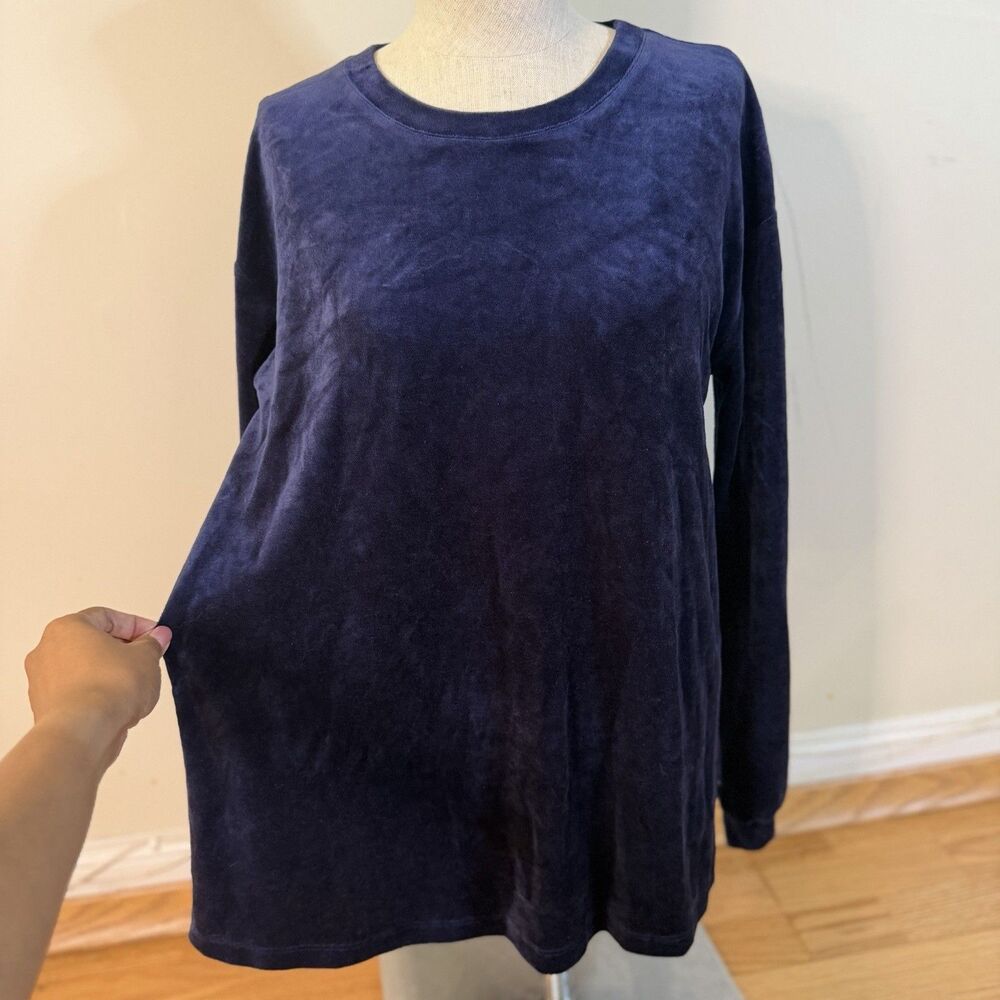 Hanro $180 Long Sleeve Velour Sleepshirt Intense Blue XS Pullover Favorites Cozy